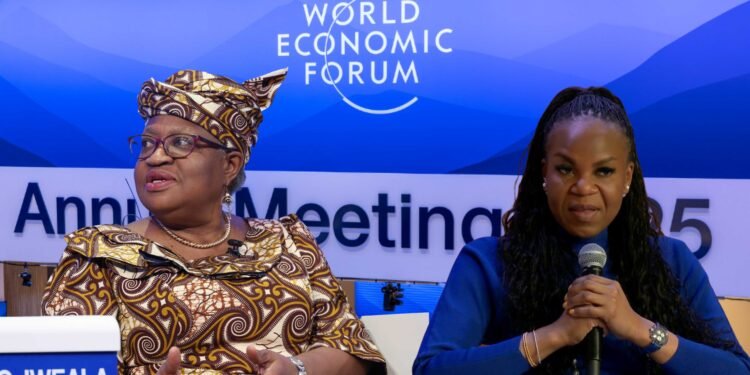 WTO Director-General Ngozi Okonjo-Iweala (left) and Damilola Ogunbiyi, Special Representative of the UN Secretary-General for Sustainable Energy for All (right), speaking at separate panels during the World Economic Forum in Davos. (Edited image)