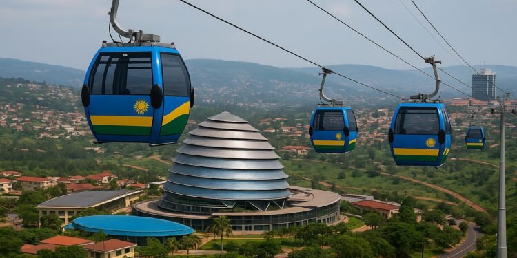 AI-generated image of Kigali’s future cable car system, with Rwanda flags and the Convention Centre in view. Construction starts in 2026.