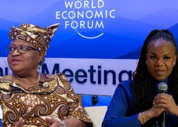 WTO Director-General Ngozi Okonjo-Iweala (left) and Damilola Ogunbiyi, Special Representative of the UN Secretary-General for Sustainable Energy for All (right), speaking at separate panels during the World Economic Forum in Davos. (Edited image)